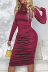 Ruched Mock Neck Long Sleeve Dress