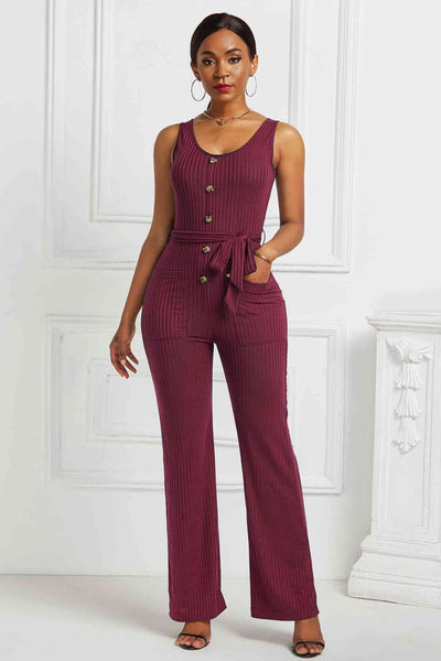 Button Detail Tie Waist Jumpsuit with Pockets